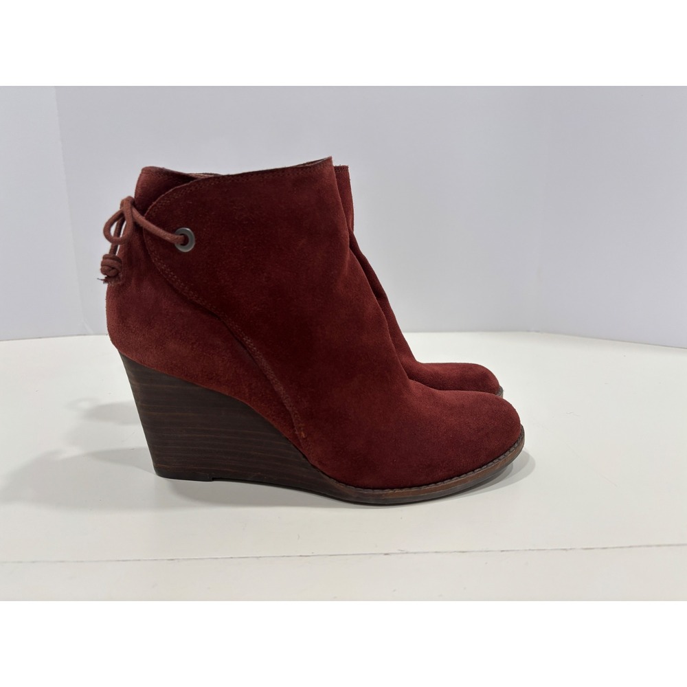 Lucky Brand Yamina Burgundy Suede Wedge Ankle Boots Womens 8M 38 Tie Back Zipper